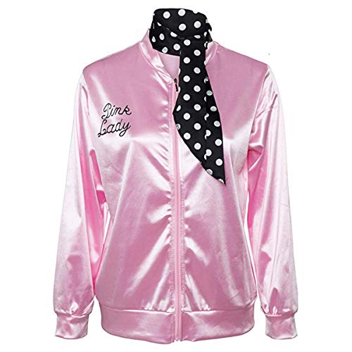 1950S Adult Women Ladies Girls Costume Satin Jacket with Neck Scarf Halloween Fancy Dress Props (XX-Large, Pink)