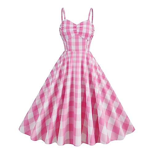 1950s Dresses for Women Vintage Rockabilly Retro Sleeveless Spaghetti Straps Ruched Plaid A-line Swing Midi Dress Cocktail Party Evening Prom Gown Summer Check Gingham Sundress Pink L