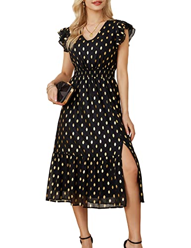 2023 Summer Ruffle Sleeve Dress Ruffle Tiered A-Line Midi Dress Polka Dot Split Evening Cocktail Party Dress Black and Gold Dress for Women XL