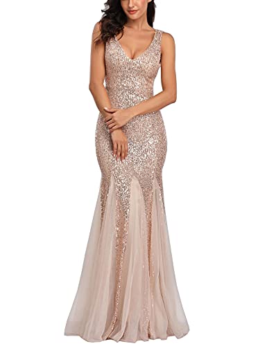 A ARFAR Women Glitter Evening Dress Wedding Sequin Dress Sleeveless Tulle Summer Dress for Women Tutu Sexy V-Neck Dress Girls Prom Dress Sexy Mermaid Bodycon Dress Rose Gold XXL