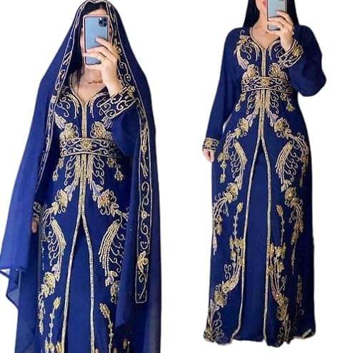 Abaya Dress for Women Muslim Dubai Sadui Moroccan Kaftan Fancy Abaya Cocktail Dress Women Kaftan Long Wedding Party Dress (as1, Alpha, x_s, Regular, Regular, Blue)