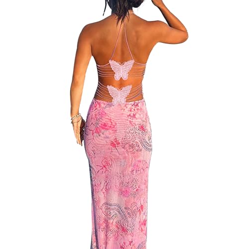 ABYOVRT Women Backless Butterfly Dress Sexy V Neck Sleeveless Open Back Maxi Dress Party Cocktail Bodycon Long Dress (Pink,XS)