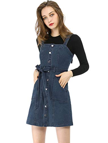 Allegra K Women's Classic Overall Dresses Adjustable Strap Pinafore Denim Jean Dress Small Dark Blue