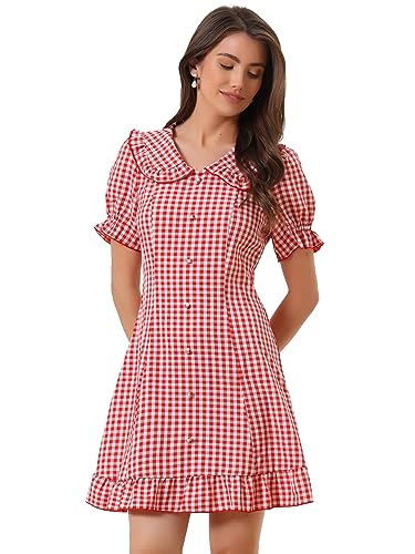 Allegra K Women's Gingham Checks Ruffled Peter Pan Collar 1960s Mini Dress Medium Red