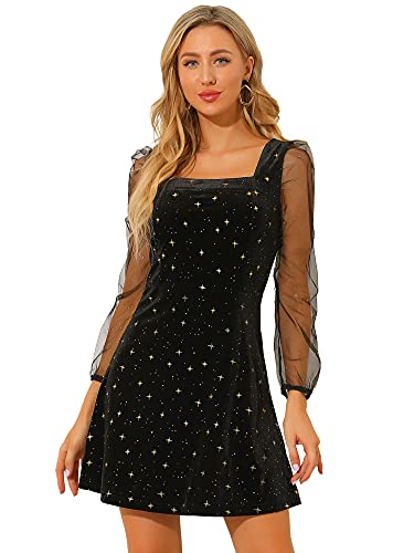 Allegra K Women's Halloween Mesh Sheer Sleeve Sparkly Party Glitter Star Metallic Velvet Dress Medium Black