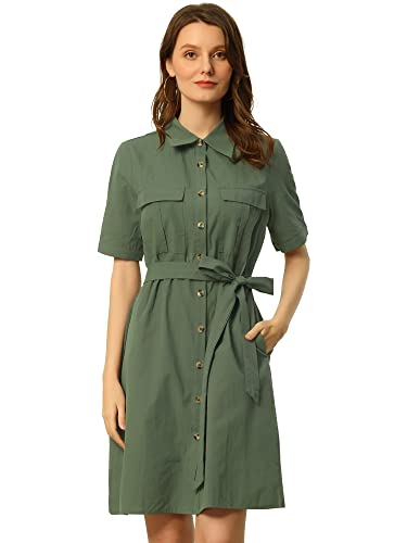 Allegra K Women's Safari Dress Summer Collared Button Down Cotton Belted Shirtdress Large Army Green