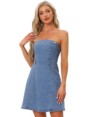 Allegra K Women's Stapless Jean Dresses Sexy Sleeveless One Piece Outfits Denim Dress Medium Light Blue