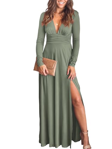 ANRABESS Women Deep V Neck Long Sleeve Slit 2024 Fall Elegant Formal Wedding Guest Cocktail Evening Date Prom Maxi Long Dress Green Large