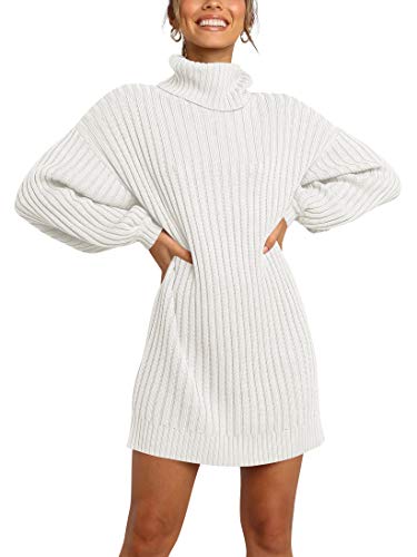 ANRABESS Women Oversized Sweater Dress Turtleneck Batwing Long Sleeve Ribbed Knit Loose 2024 Fall Winter Casual Short Dress A240bai-S White