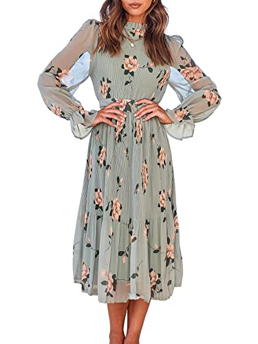 ANRABESS Women's Floral Midi Dress Puff Long Sleeve Casual Ruffle Chiffon A-Line Swing Pleated Belted Tea Party Dresses Floral Green X-Large