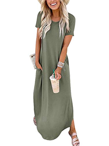 ANRABESS Women's Summer Casual Loose Short Sleeve Long T Shirt Dress Split Maxi Beach Sundress Travel Vacation Outfits Olive X-Large