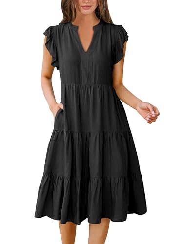 ANRABESS Womens Summer Ruffle Sleeve V Neck Midi Dress 2024 Fashion Casual Fit Flowy Tiered Boho Beach Vacation Sundress Black-M