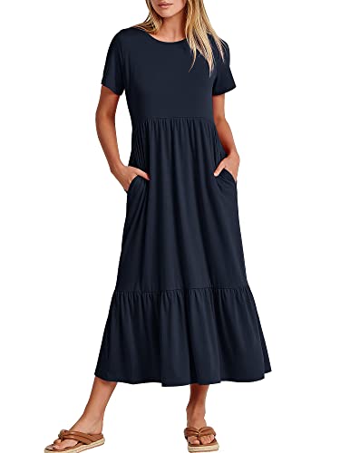 ANRABESS Women Summer Casual Short Sleeve Crewneck Aline Swing Flowy Tiered Shirt Maxi Beach Long Dress 2024 Trendy Outfits XX-Large Navy Blue