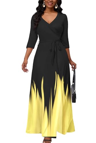 AOMONI Womens Maxi Dress Gradient Long Casual V Neck 3/4 Sleeves Sundresses with Belt Black Yellow XL