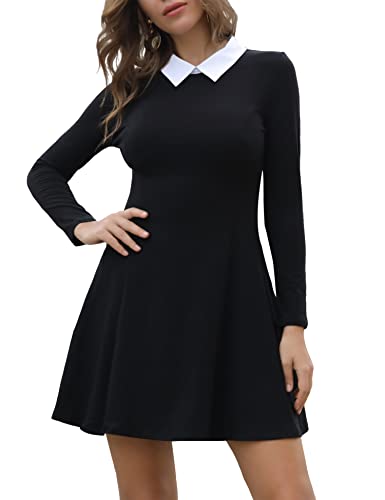 Aphratti Women's Long Sleeve Fall Dresses 2024 Casual Peter Pan Collar A Line Fit and Flare Skater Goth Dress Black Large