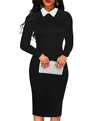 Aphratti Women's Long Sleeve Peter Pan Collar Wear to Work Business Office Wear Outfits Classy Midi Sheath Dress Black01 X-Large