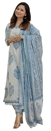 Arayna Women's Cotton Printed Floral Straight Kurta with Palazzo Pants and Printed Dupatta, Light Blue, X-Large