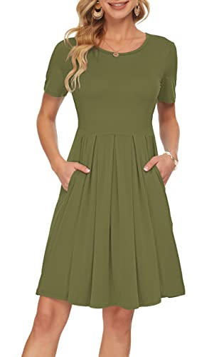 AUSELILY Women's Short Sleeve Pleated Loose Swing Casual Dress with Pockets Knee Length Army Green L