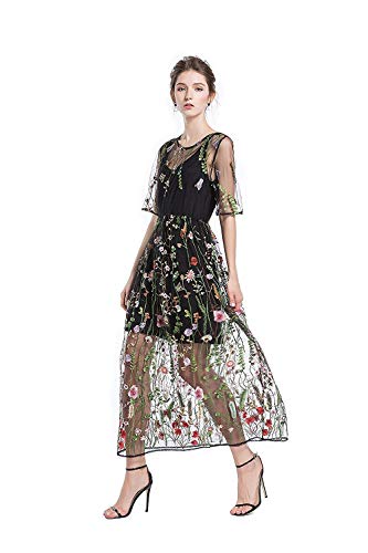 BaronHong Womens Floral Embroidered Tulle Prom Maxi Dress with Cami Dress 3/4 Sleeves,Black,3X