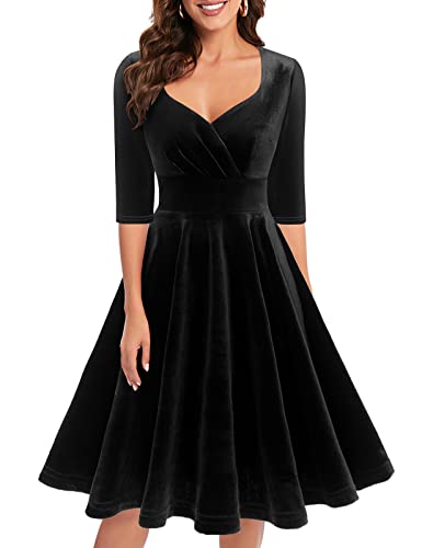 Bbonlinedress Womens Black Velvet Long Sleeve Formal Wedding Guest Vintage Cocktail Holiday Party Midi Dress V-Black S