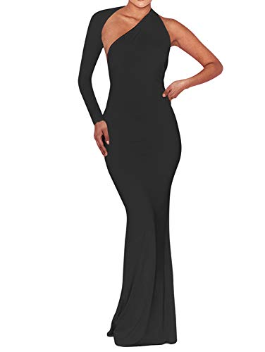 BEAGIMEG Women's Sexy Elegant One Shoulder Backless Evening Long Dress Black