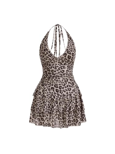 BEAUDRM Women's Y2K Leopard Print Halter Dress Sexy Ruched Tie Backless Tiered Layer Mini Dresses Mesh Ruffle Dress Brown Small