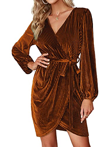 BerryGo Women's Fall Long Sleeve Wrap Semi Formal Velvet Mini Dress Sexy Cocktail Party Winter Prom Dress Burnt Orange XL