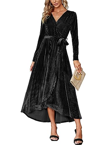 BerryGo Women's Long Sleeve Prom Formal Velvet Wrap Dress Cocktail Party Winter Long Maxi Dress with Slit Black L