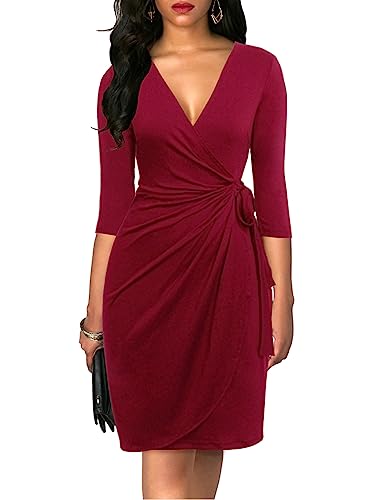 Berydress Women's 3/4 Sleeve Deep V Neck Knee-Length Belted Wedding Party Vintage Sheath Burgundy Wrap Dress (M, 6083-Burgundy)