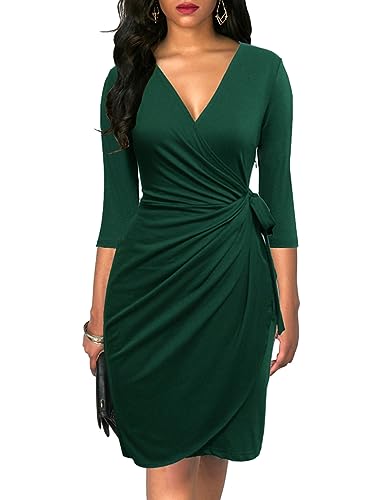 Berydress Women's Classic 3/4 Sleeve V Neck Sheath Casual Party Work Faux Black Wrap Dress (M, 6083-Dark Green)