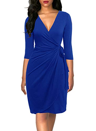 Berydress Women's Classic 3/4 Sleeve V Neck Sheath Casual Party Work Faux Black Wrap Dress (S, 6083-Royal Blue)