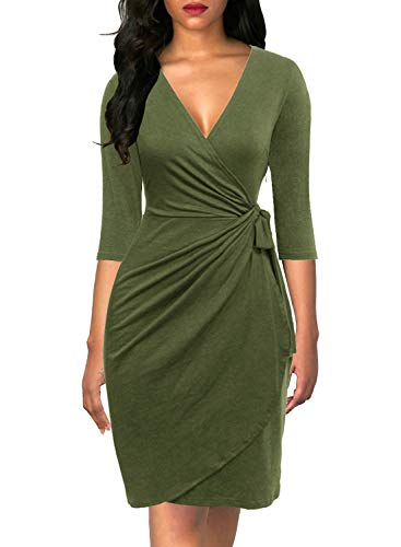 Berydress Women's Vintage Casual Cotton Office Work Dress with 3/4 Sleeve V-Neck Draped Faux Wrap Dress (XL, 6083-Army Green)