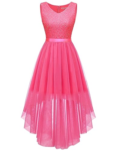 BeryLove Women's Sequin Party Dress Homecoming Dresses Sleeveless V-Neck Wedding Hi-Lo Prom Dresses for Teens S003 Hot Pink M