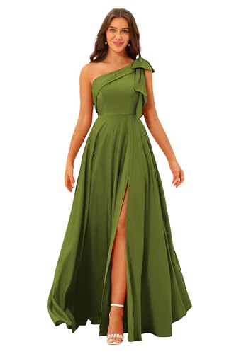 BITALY One Shoulder Olive Green Bridesmaid Dresses Long with Slit Ruched A Line Satin Formal Dresses with Bow for Women Wedding 2