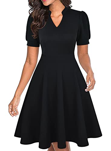 Black Funeral Dresses for Women 2024 Summer Short Sleeve Semi Formal Fit and Flare Vintage Knee Length Ladies Flattering Sunday Church Elegant Business Casual Dress with Pockets S