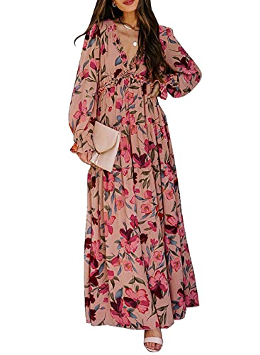 BLENCOT Womens Casual Floral Deep V Neck Long Sleeve Long Evening Dress Cocktail Party Maxi Wedding Dresses Floral Pattern Red Small