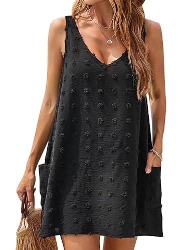 Blooming Jelly Womens Casual Sun Summer Dresses Sleeveless Bathing Suit Cover Up Mini Beach Dress (Medium, Black)