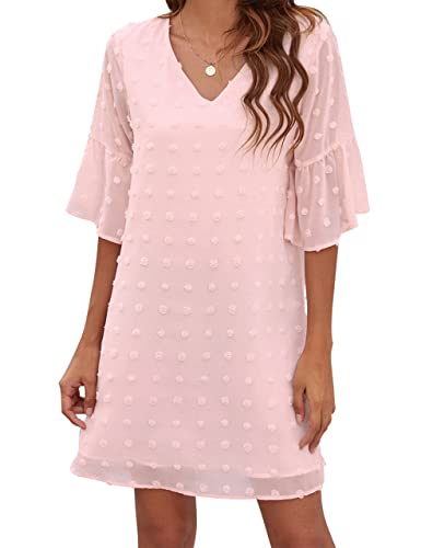 Blooming Jelly Womens Pink Dresses Short Sleeve V Neck Ruffle Cute Sun Dresses Chiffon Flowy Shift Mini Dress (XXL,Pink)