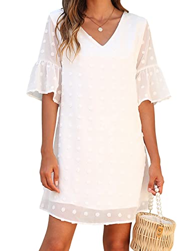 Blooming Jelly Womens White Dresses Short Sleeve V Neck Ruffle Cute Sun Dress Chiffon Flowy Shift Mini Dresses（XL,White）