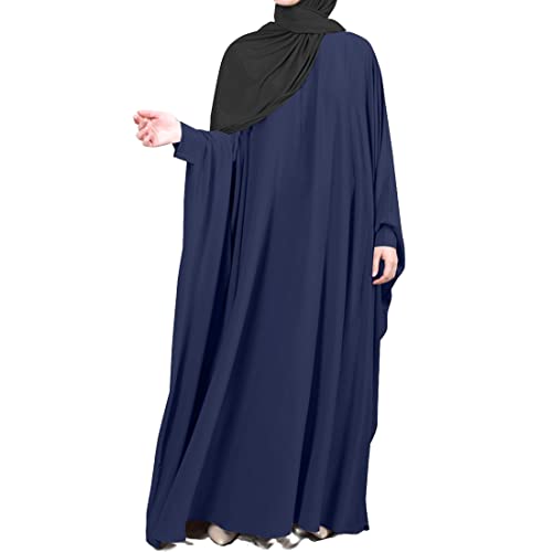 BooW Muslim Women Batwing Abaya Dress Front Zipper Kaftan Islamic Maxi Dress Middle East Robe (164# Navy), One Size