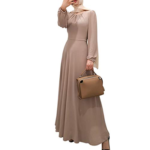 BooW Women's Chiffon Kaftan Abaya Dress Muslim Long Sleeve Self Tie Flowy Maxi Dress Islamic Evening Gown (20243-Khaki, L)