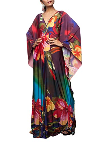 Bsubseach Women Ethnic Print Kaftan Beach Dress Plus Size Swimsuit Cover Up Colorful Floral