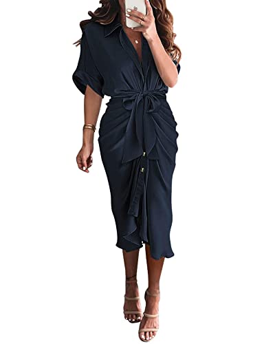 BTFBM 2024 Women Button Down Ruched Shirt Dresses Short Sleeve Lapel V Neck Elegant Party Spring Summer Maxi Satin Dress(Short Sleeve Navy, Large)