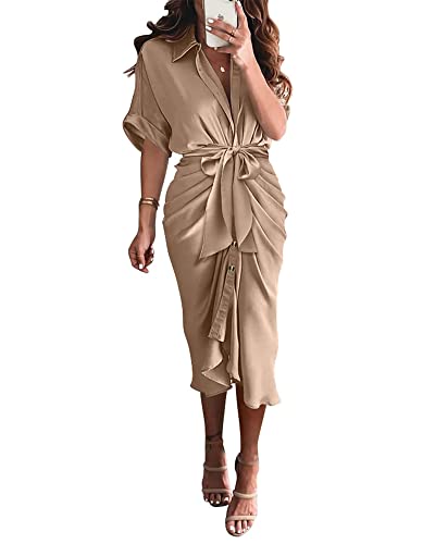 BTFBM 2024 Women Button Down Ruched Shirt Dresses Short Sleeve Lapel V Neck Elegant Party Spring Summer Maxi Satin Dress(Short Sleeve Light Khaki, X-Large)