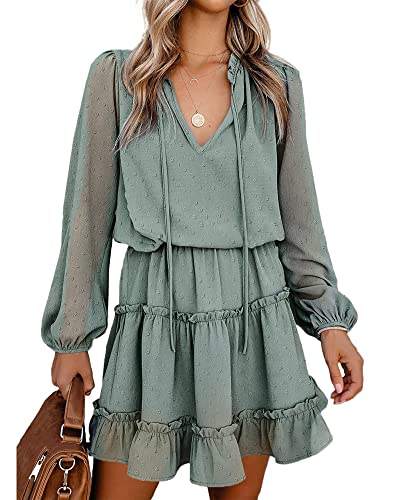 BTFBM Women Casual Summer Fall Dresses Tie V Neck Long Sleeve High Waist Ruffle Tiered A Line Swing Tunic Mini Dress(Dot Green, Medium)