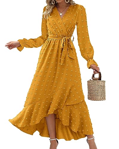 BTFBM Women's Boho Cocktail Maxi Dress 2024 Fall Fashion V Neck Swiss Dot Long Sleeve Flowy Slit Wedding Party Dresses(Swiss Dot Yellow, Large)