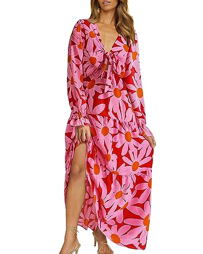 BTFBM Women's Casual Long Sleeve Fall Dresses Boho V Neck Tie Front Cutout Wedding Party Floral Valentines Day Dress(Big Floral Red, X-Large)