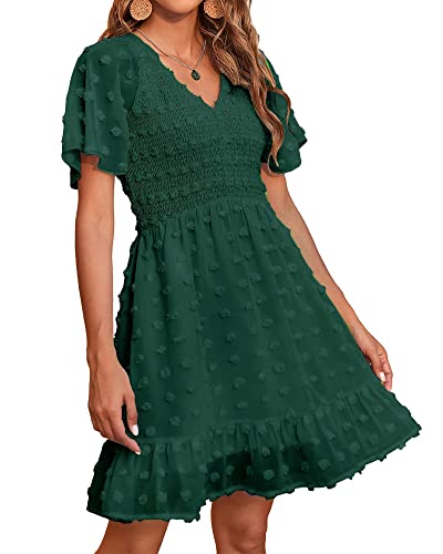 BTFBM Women's Summer Dresses 2024 V Neck Short Sleeve Casual Smocked Swiss Dot Flowy Wedding Guest Cocktail Mini Dress(Swiss Dot Dark Green, XX-Large)