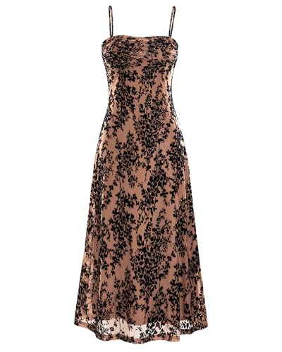 BTFBM Women's Summer Dress Sleeveless Spaghetti Strap Midi Dress Sexy Cowl Neck Floral Cocktail Dress Party Dresses(Dark Apricot,Medium)