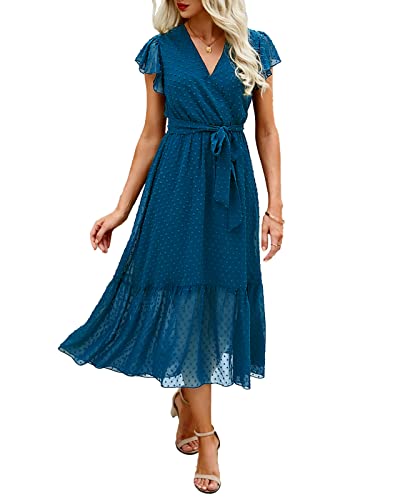 BTFBM Women Summer Bohemian Floral Casual Wrap V Neck Ruffle Cap Sleeveless Belt A-Line Pleated Hem Swing Midi Sun Dress (Swiss Dot Lake Blue, x_l)